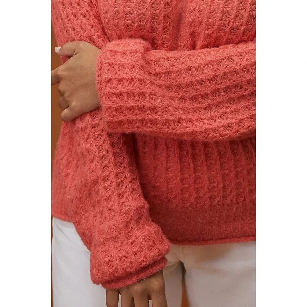 Anthropologie Ruffled Boat Neck Sweater Size XS Coral Pink Fuzzy Knit Wool Blend
